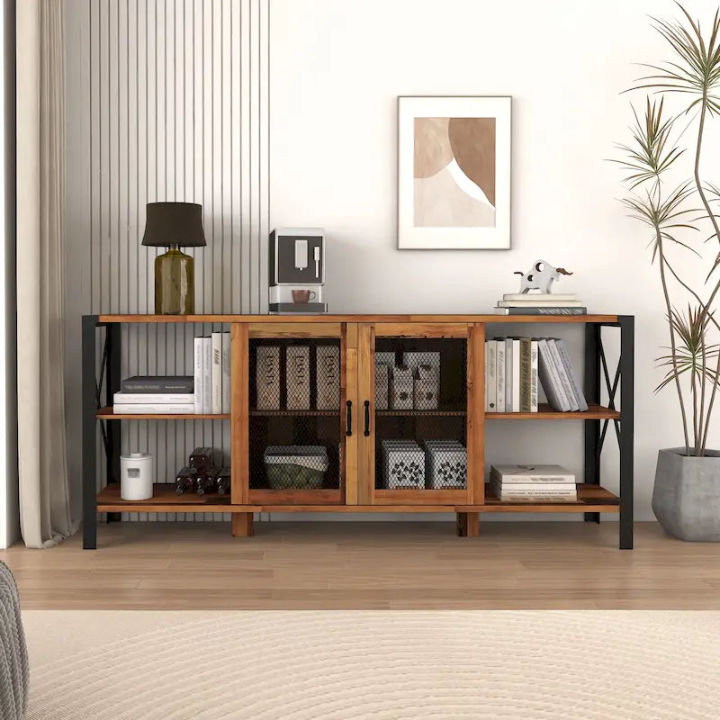 80" Industrial Farmhouse TV Stand with Open Shelves & Mesh Cabinet Door, Wood & Metal