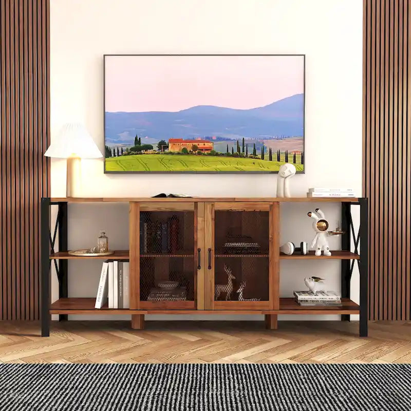 80" Industrial Farmhouse TV Stand with Open Shelves & Mesh Cabinet Door, Wood & Metal