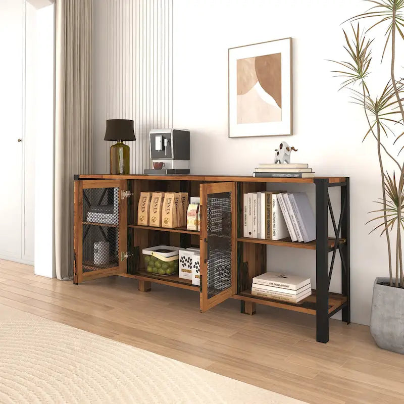 80" TV-Schrank im Industrial-Farmhouse-Stil mit offenen Fächern und Mesh-Schranktür, Holz und Metall
