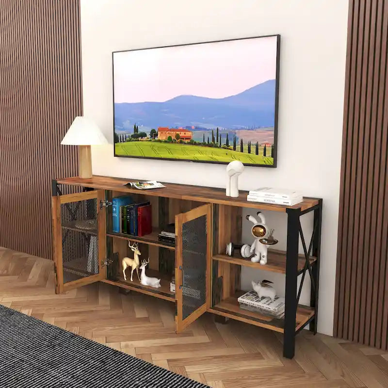 80" Industrial Farmhouse TV Stand with Open Shelves & Mesh Cabinet Door, Wood & Metal