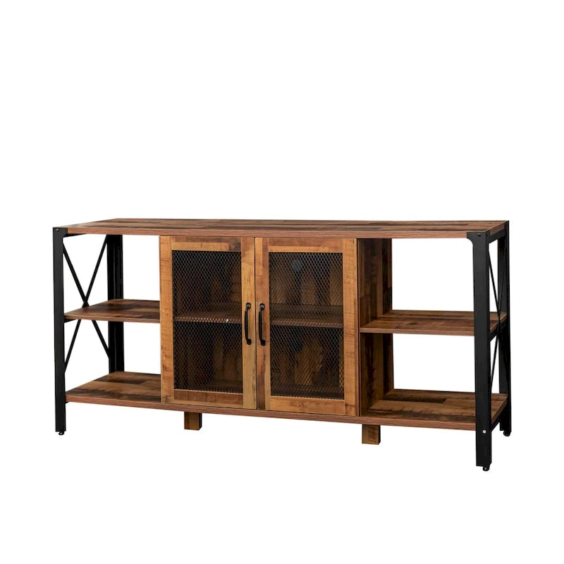 80" TV-Schrank im Industrial-Farmhouse-Stil mit offenen Fächern und Mesh-Schranktür, Holz und Metall