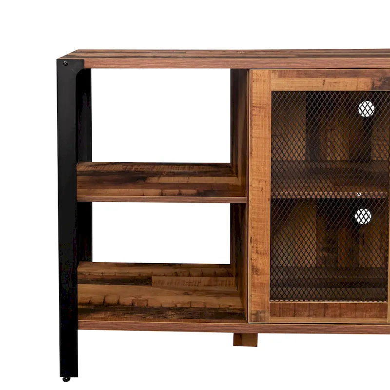 80" TV-Schrank im Industrial-Farmhouse-Stil mit offenen Fächern und Mesh-Schranktür, Holz und Metall