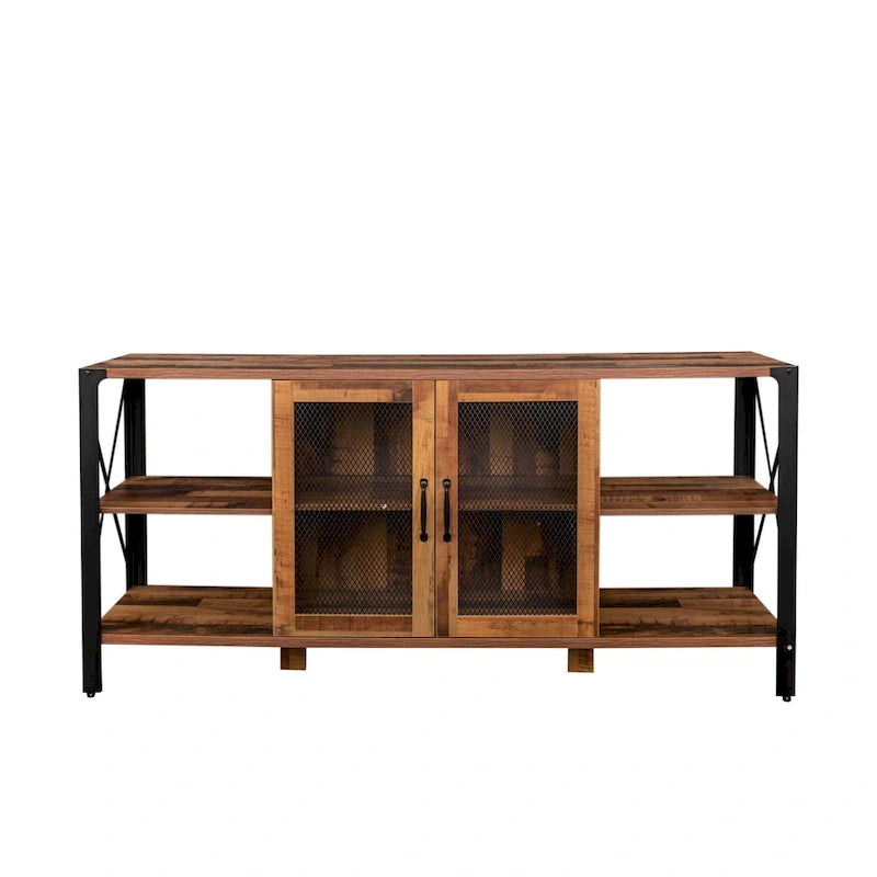 80" Industrial Farmhouse TV Stand with Open Shelves & Mesh Cabinet Door, Wood & Metal