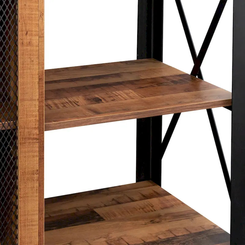 80" TV-Schrank im Industrial-Farmhouse-Stil mit offenen Fächern und Mesh-Schranktür, Holz und Metall