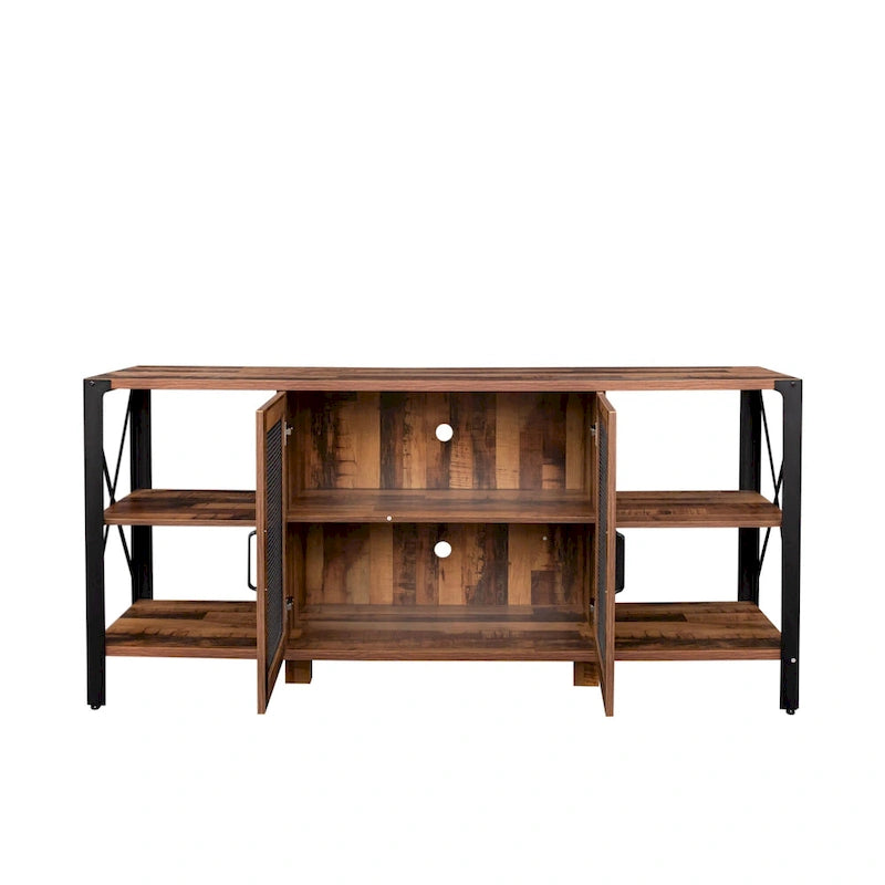 80" TV-Schrank im Industrial-Farmhouse-Stil mit offenen Fächern und Mesh-Schranktür, Holz und Metall