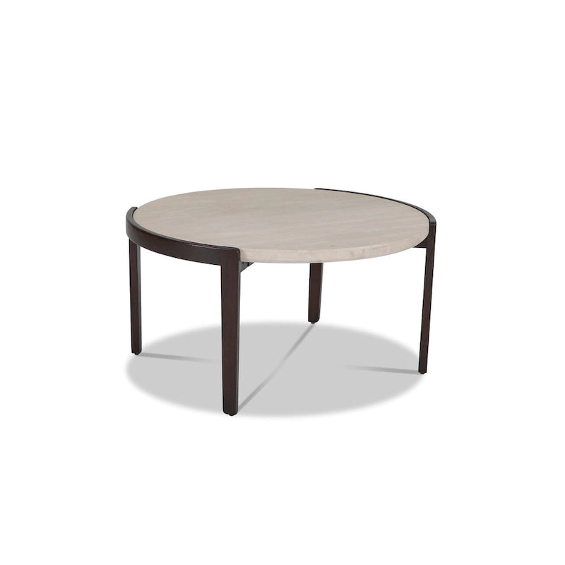 Runder Couchtisch mit Platte aus Travertin und geschwungenem Untergestell aus Massivholz