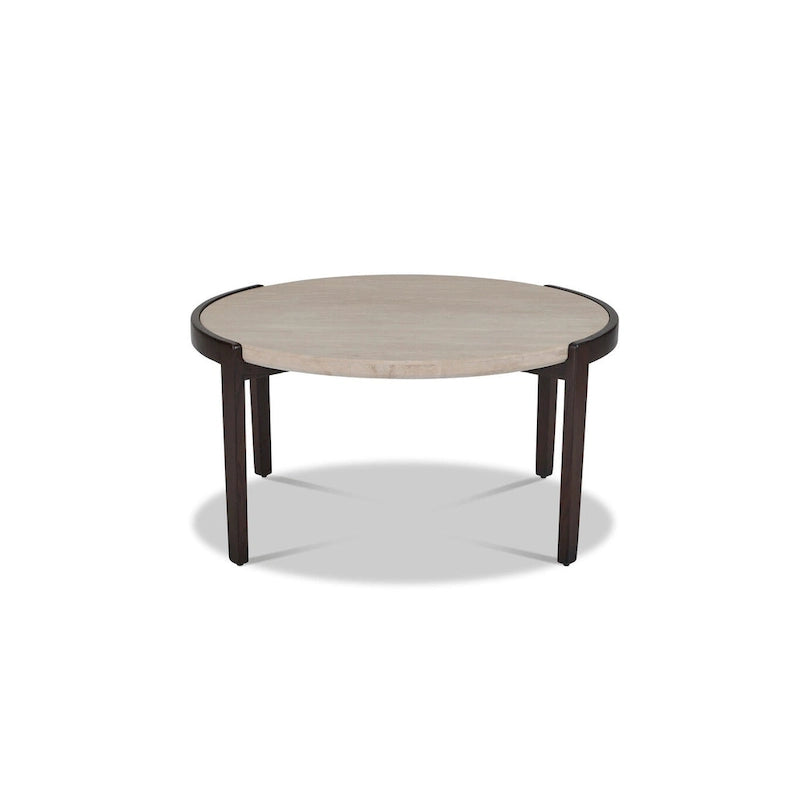 Runder Couchtisch mit Platte aus Travertin und geschwungenem Untergestell aus Massivholz
