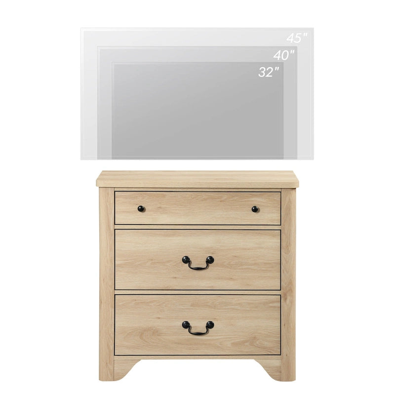 Farmhouse Wood TV Stand with 3 Drawers, Rounded Corners & Anti-Tip Design
