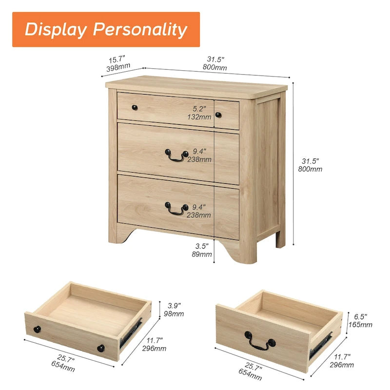 Farmhouse Wood TV Stand with 3 Drawers, Rounded Corners & Anti-Tip Design