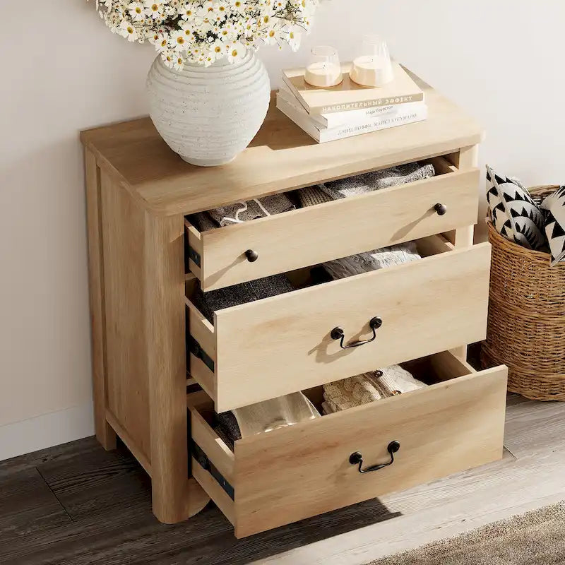 Farmhouse Wood TV Stand with 3 Drawers, Rounded Corners & Anti-Tip Design
