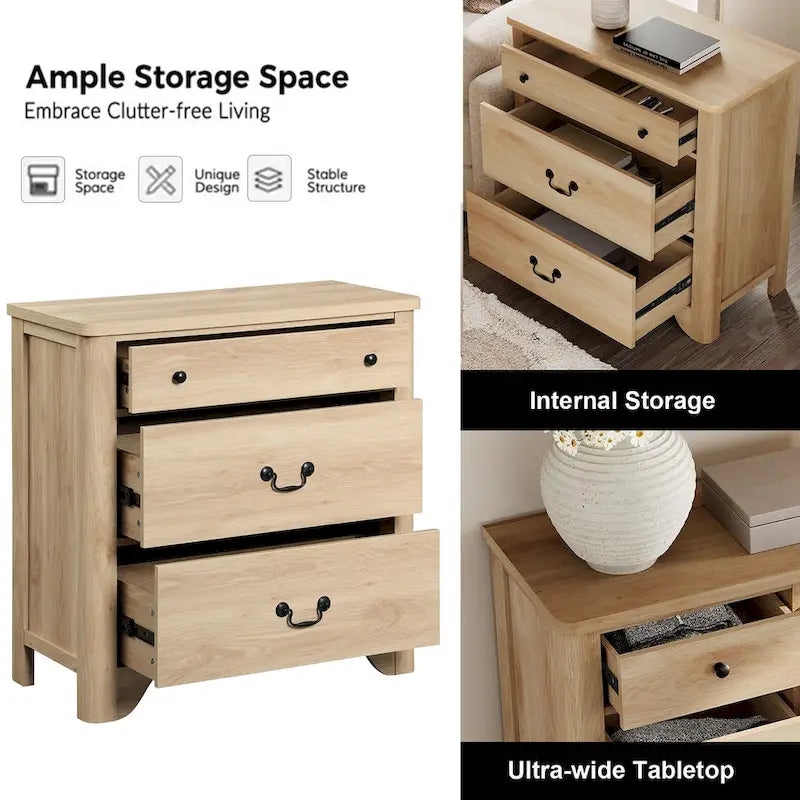 Farmhouse Wood TV Stand with 3 Drawers, Rounded Corners & Anti-Tip Design