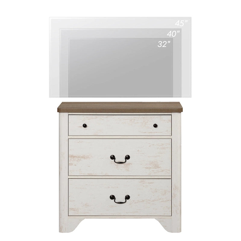 Meuble TV en bois de style ferme avec 3 tiroirs, coins arrondis et dispositif anti-basculement