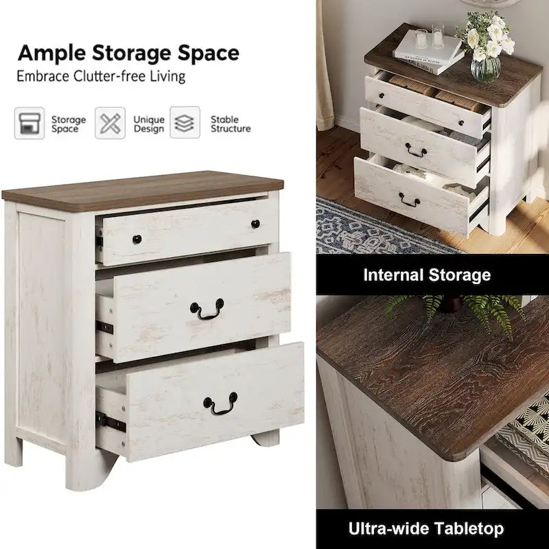 Meuble TV en bois de style ferme avec 3 tiroirs, coins arrondis et dispositif anti-basculement