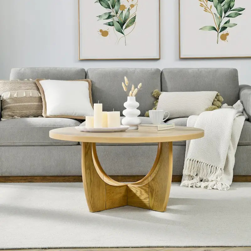 36" runder Couchtisch im Mid-Century-Modern-Stil mit Stauraum hinter Schiebetür