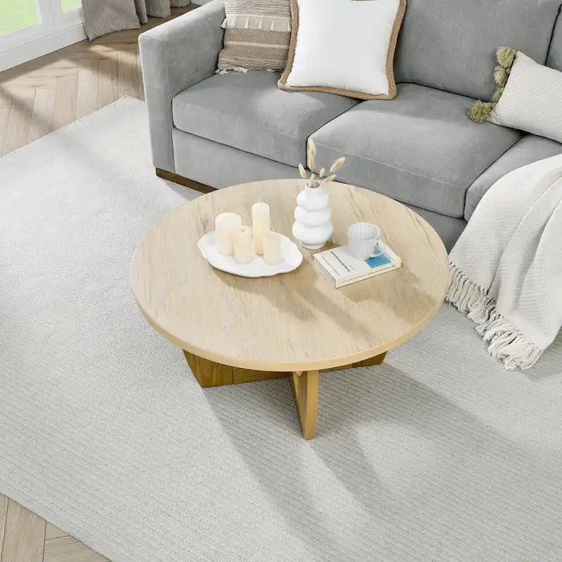 36" runder Couchtisch im Mid-Century-Modern-Stil mit Stauraum hinter Schiebetür