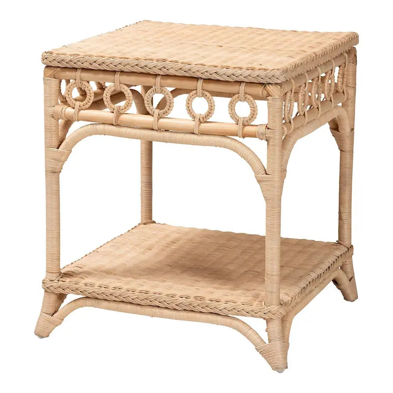 Tavolino in rattan naturale intrecciato con ripiano aperto