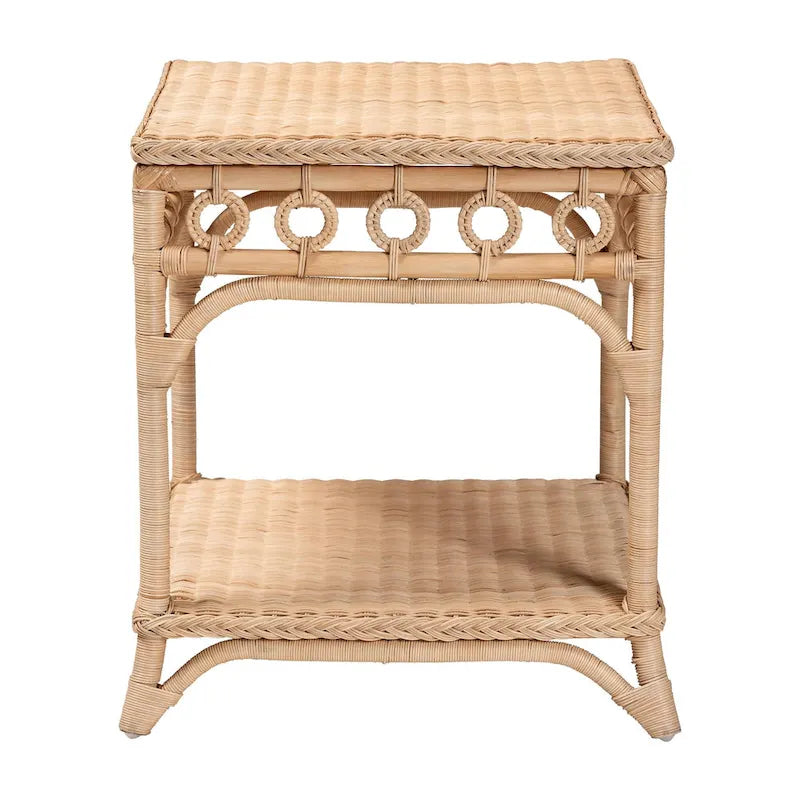 Tavolino in rattan naturale intrecciato con ripiano aperto
