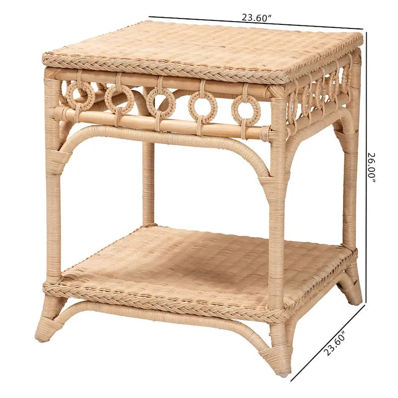 Tavolino in rattan naturale intrecciato con ripiano aperto