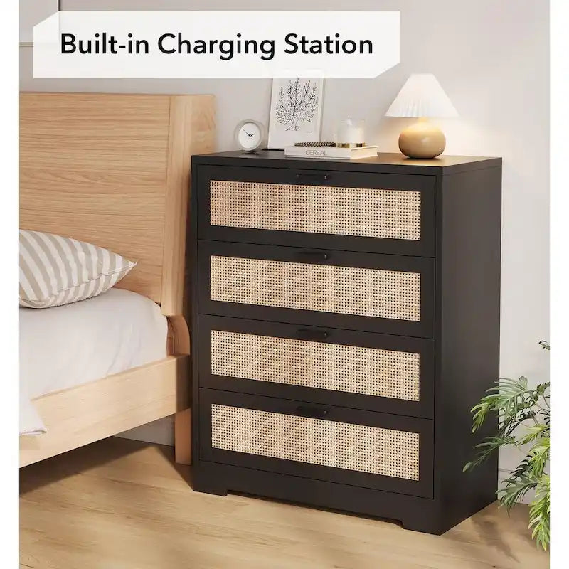 Cassettiera in rattan a 4 cassetti con presa di corrente integrata e gestione dei cavi