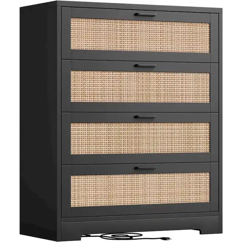 Cassettiera in rattan a 4 cassetti con presa di corrente integrata e gestione dei cavi