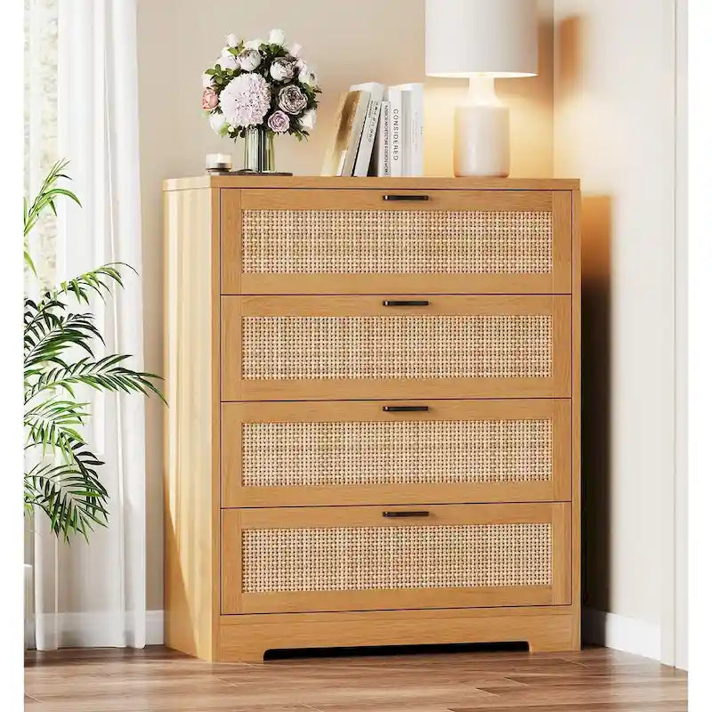 Cassettiera in rattan a 4 cassetti con presa di corrente integrata e gestione dei cavi