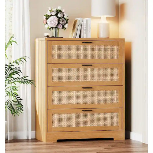 Cassettiera in rattan a 4 cassetti con presa di corrente integrata e gestione dei cavi