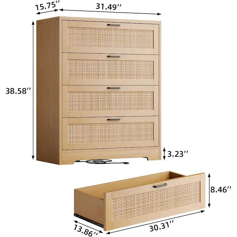 Cassettiera in rattan a 4 cassetti con presa di corrente integrata e gestione dei cavi
