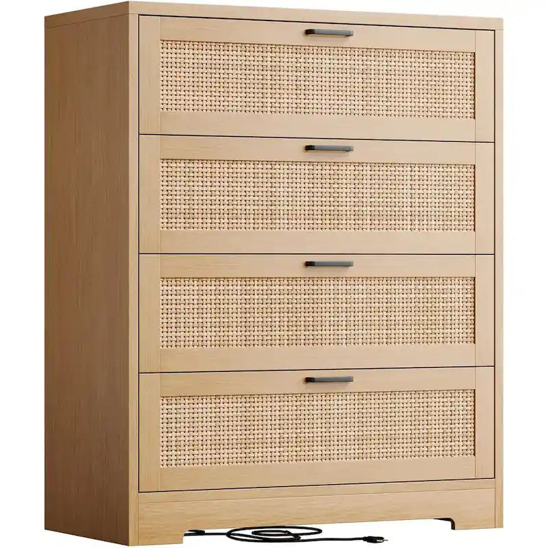Cassettiera in rattan a 4 cassetti con presa di corrente integrata e gestione dei cavi