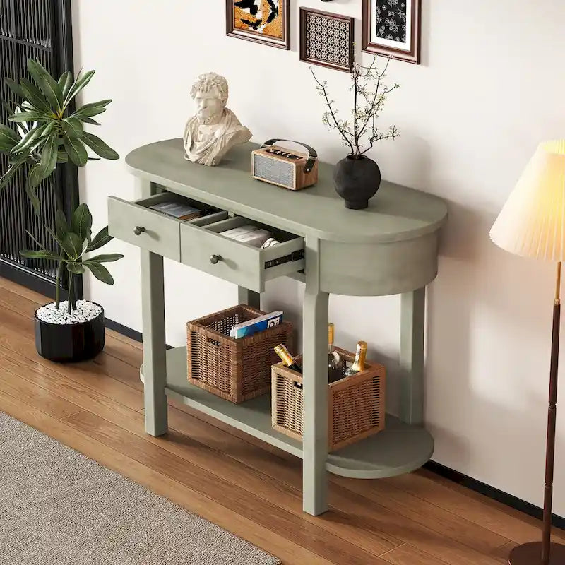 Consolle vintage con 2 cassetti e ripiano aperto