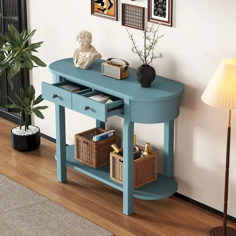 Consolle vintage con 2 cassetti e ripiano aperto