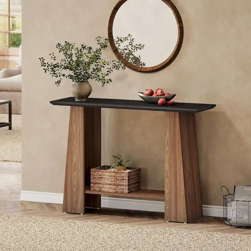 47" Konsolentisch im Mid-Century-Modern-Stil mit unterer Ablage, Schwarz und Walnuss