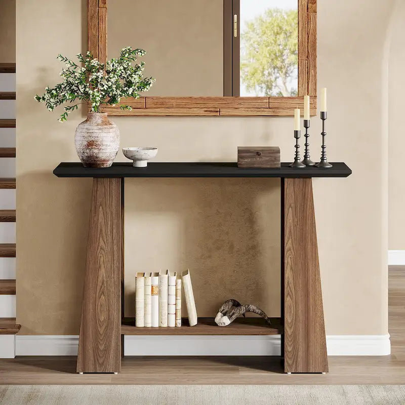 Table console moderne style mi-siècle de 47" avec étagère de rangement inférieure, noir et noyer