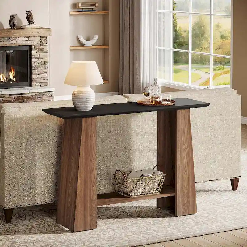 47" Konsolentisch im Mid-Century-Modern-Stil mit unterer Ablage, Schwarz und Walnuss