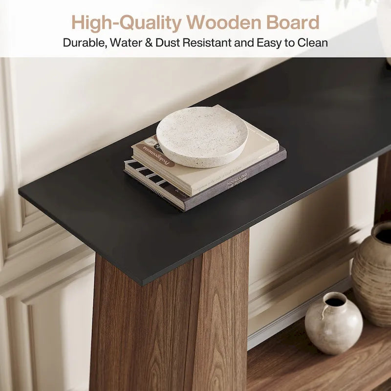 Table console moderne style mi-siècle de 47" avec étagère de rangement inférieure, noir et noyer