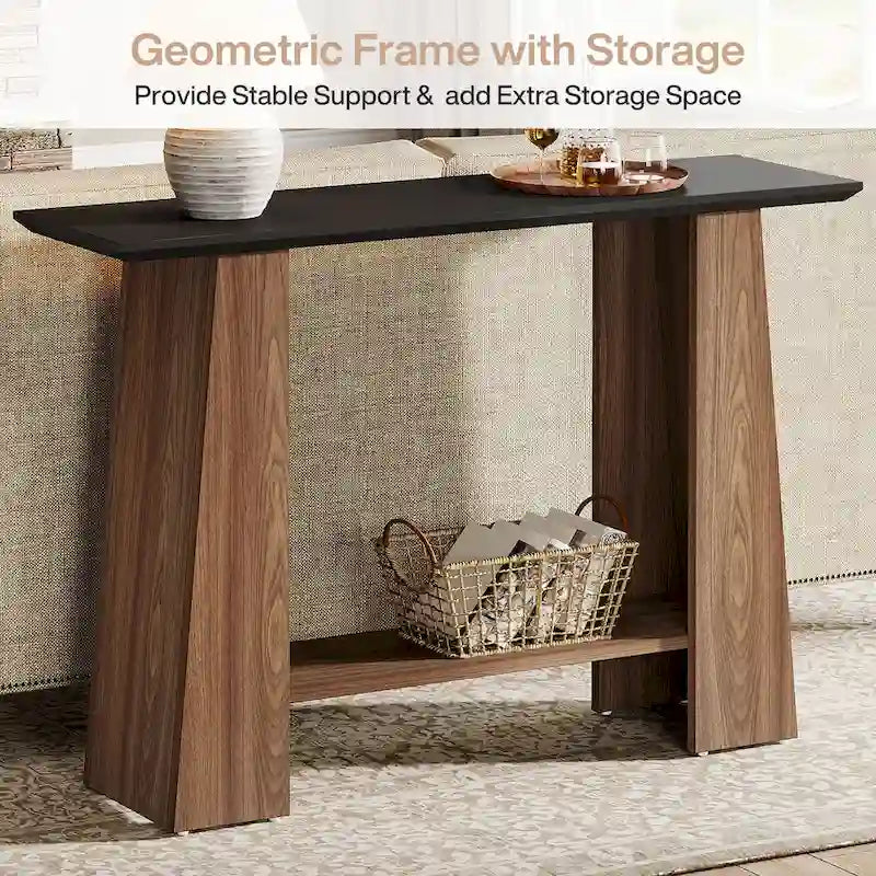 Table console moderne style mi-siècle de 47" avec étagère de rangement inférieure, noir et noyer