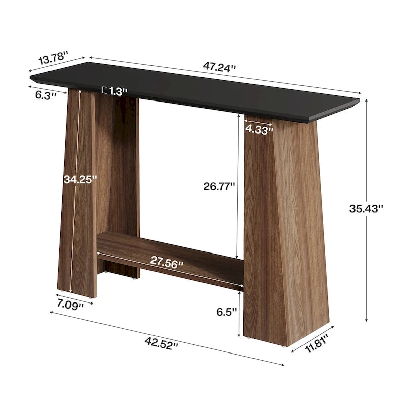 Table console moderne style mi-siècle de 47" avec étagère de rangement inférieure, noir et noyer