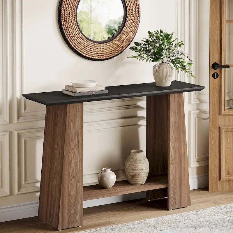 Table console moderne style mi-siècle de 47" avec étagère de rangement inférieure, noir et noyer