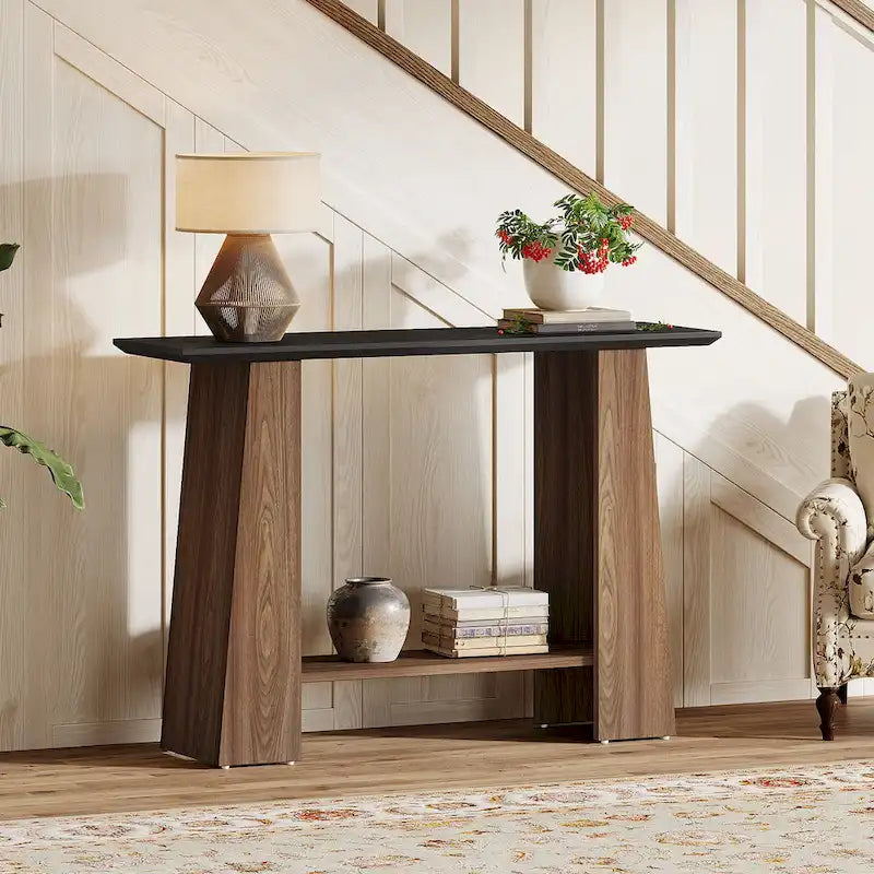 Table console moderne style mi-siècle de 47" avec étagère de rangement inférieure, noir et noyer