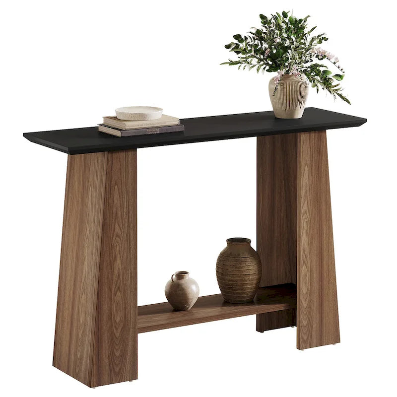 Table console moderne style mi-siècle de 47" avec étagère de rangement inférieure, noir et noyer