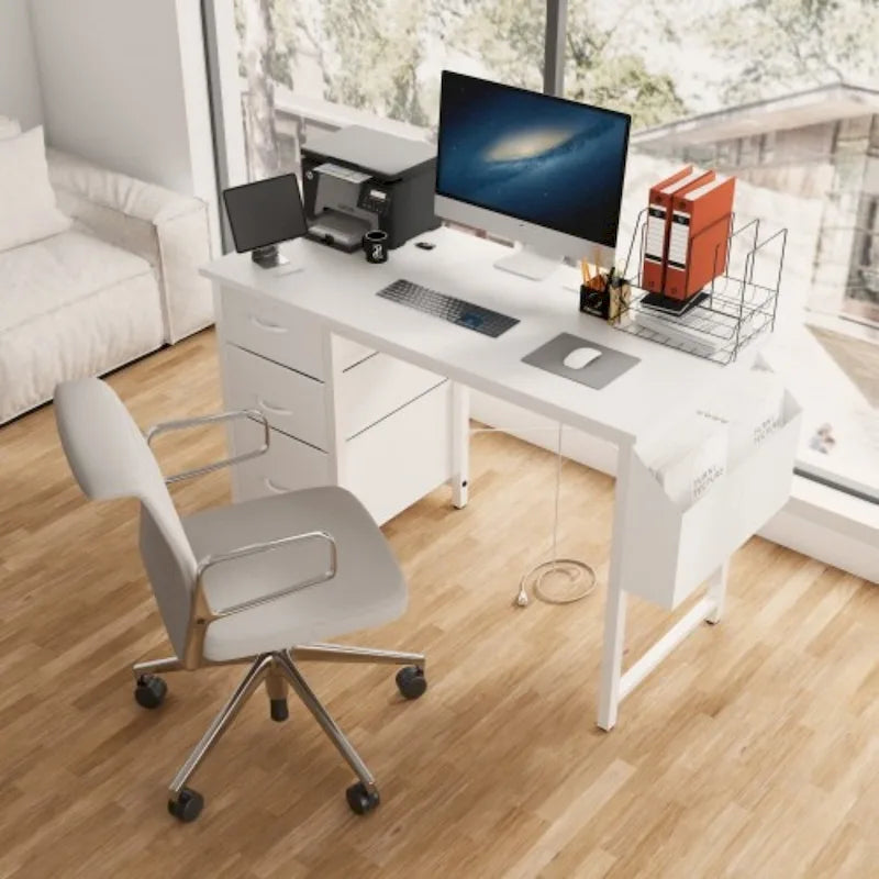 Scrivania moderna con alzata, 3 cassetti e prese elettriche integrate