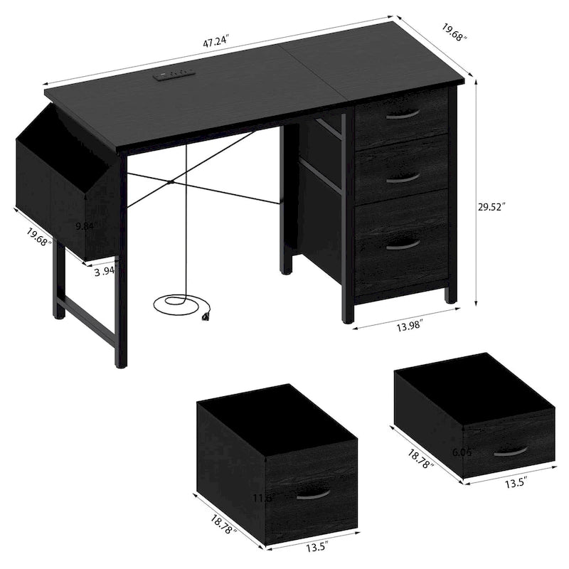 Modern Writing Desk with Hutch, 3 Drawers & Built-in Power Outlets