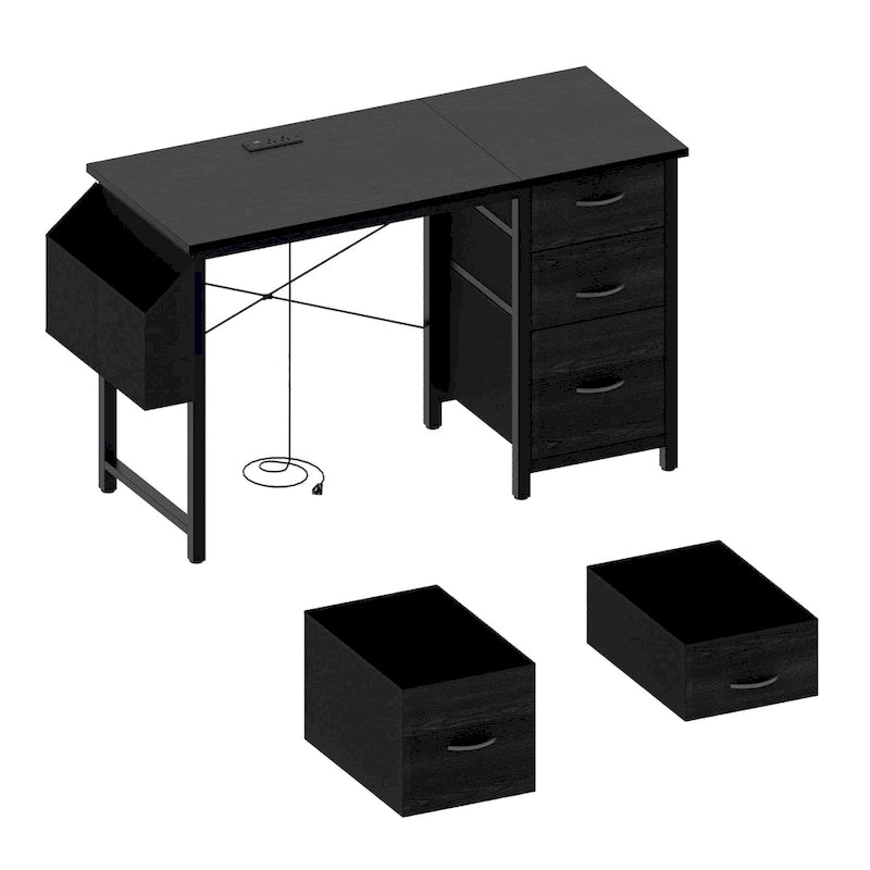 Modern Writing Desk with Hutch, 3 Drawers & Built-in Power Outlets