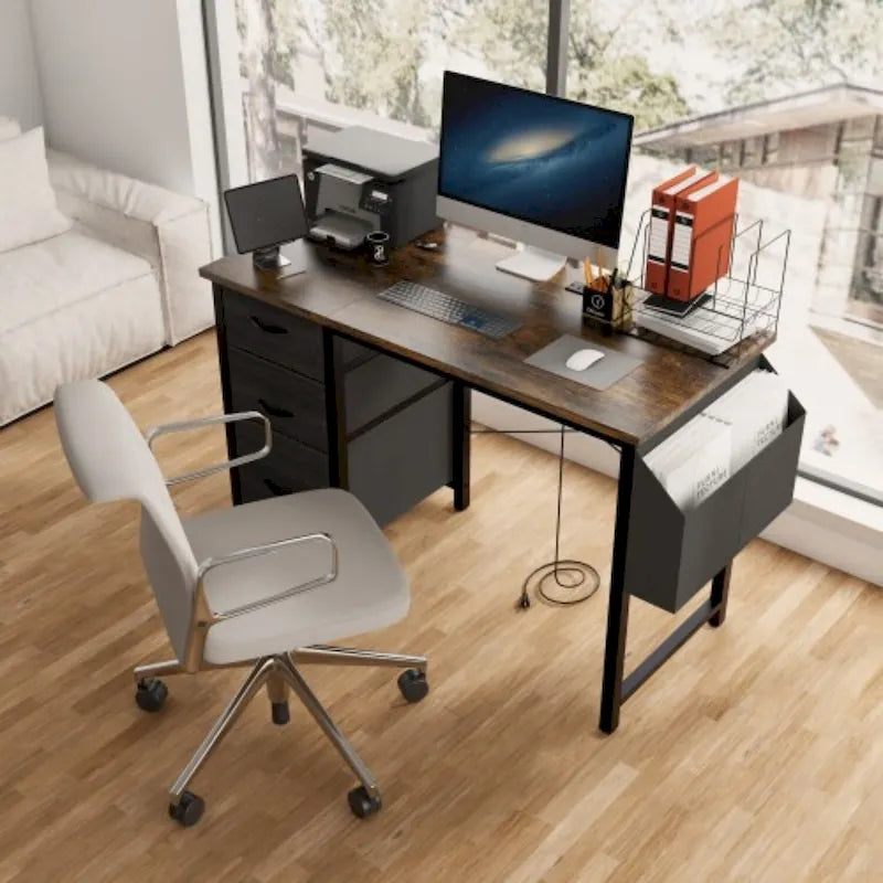 Modern Writing Desk with Hutch, 3 Drawers & Built-in Power Outlets
