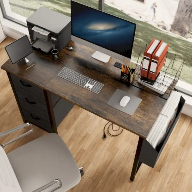 Modern Writing Desk with Hutch, 3 Drawers & Built-in Power Outlets