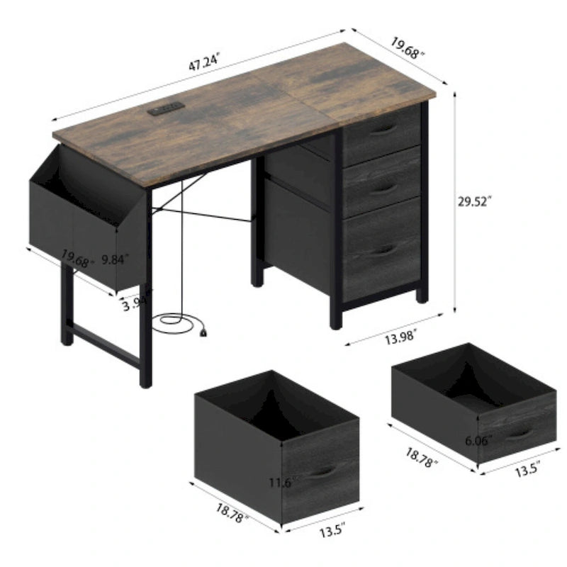 Modern Writing Desk with Hutch, 3 Drawers & Built-in Power Outlets