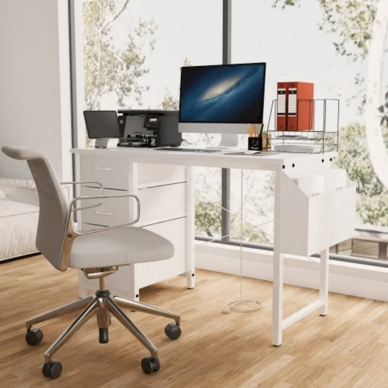 Modern Writing Desk with Hutch, 3 Drawers & Built-in Power Outlets