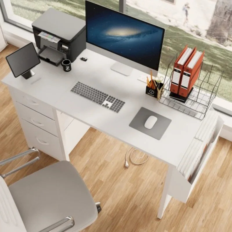 Modern Writing Desk with Hutch, 3 Drawers & Built-in Power Outlets