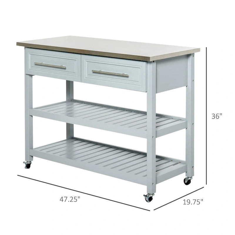 Carrito de isla de cocina con ruedas, superficie de acero inoxidable, 2 cajones y estantes de listones de 3 niveles