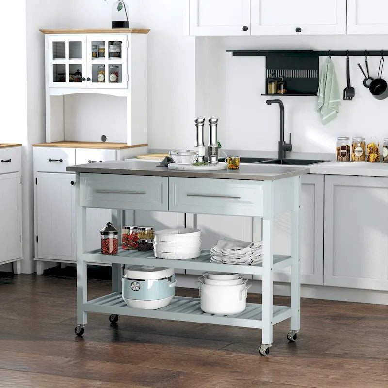 Carrito de isla de cocina con ruedas, superficie de acero inoxidable, 2 cajones y estantes de listones de 3 niveles