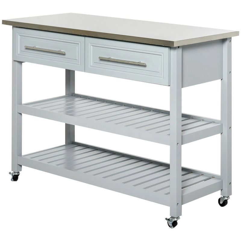 Carrito de isla de cocina con ruedas, superficie de acero inoxidable, 2 cajones y estantes de listones de 3 niveles